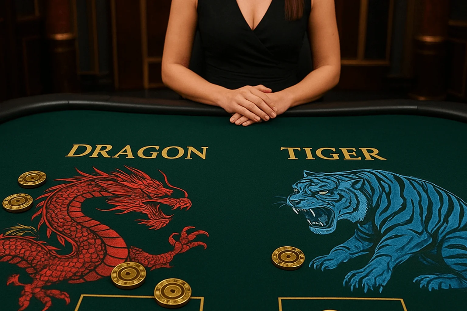 Live Dragon vs Tiger card table with red and blue accents